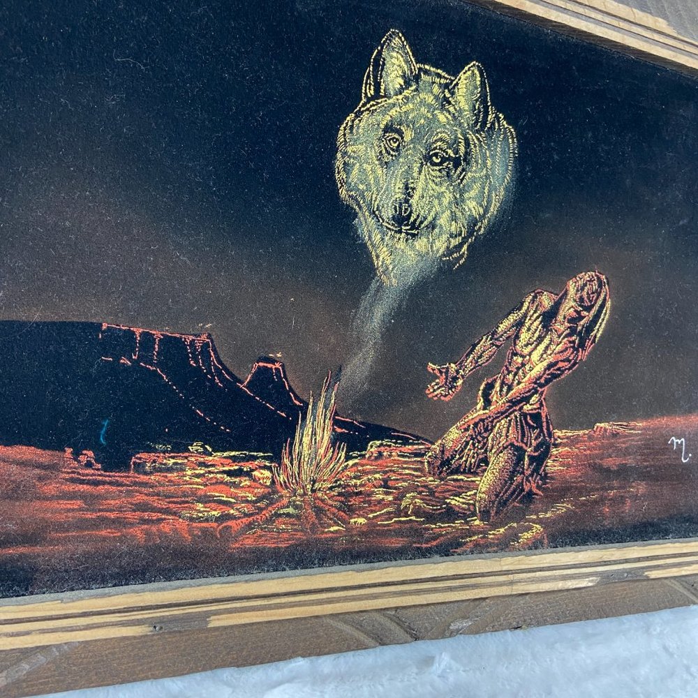 Vintage Black Velvet Painting Spirit of the Wolf Signed Circa 1970 kitschy - Picture 4 of 8